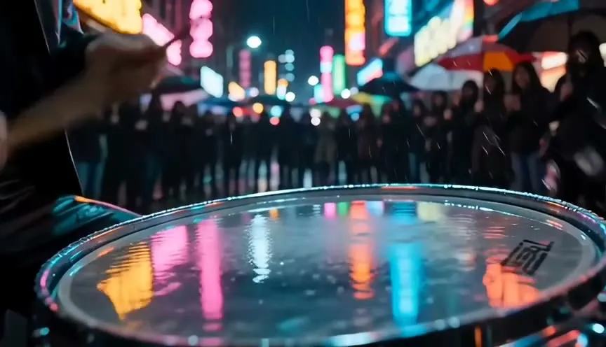 Street drummer in a rainy neon-lit alley, a frame from a multi-shot Seedance 2.0 clip with sound