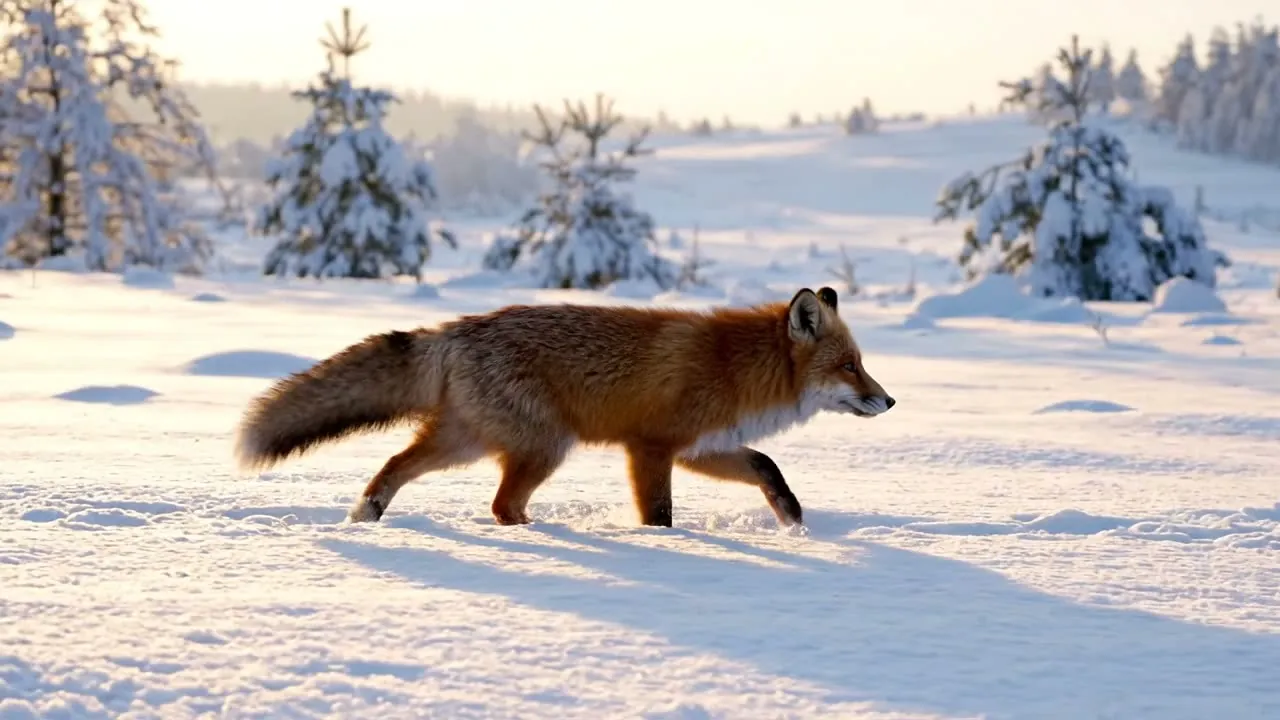 Frame from a clip rendered through the AI video API with Veo 3.1 Lite: a red fox in snow at sunrise
