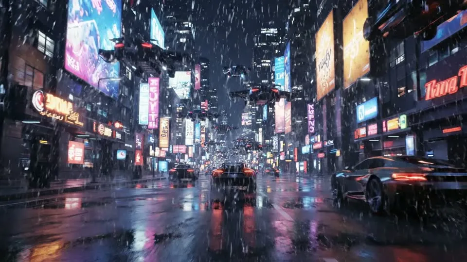 Rainy neon city street with flying cars, a frame rendered by Veo through the SiVideoAPI video generation API